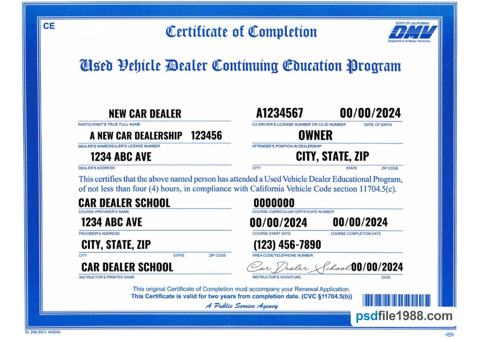 USA California Vehicle Dealers License